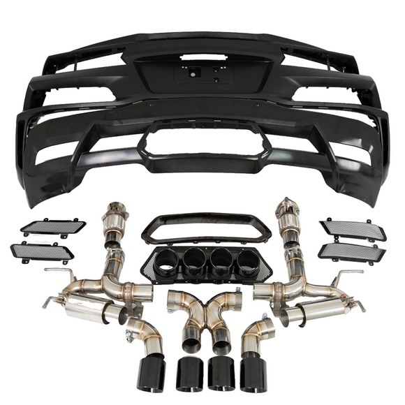 Standalone view of the complete SRM kit: Z06-style bumper, valved exhaust, and hardware
