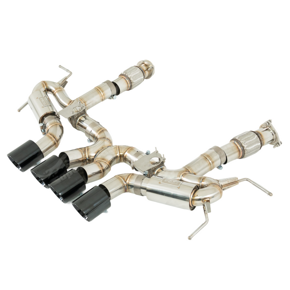 Detailed view of the four center-mounted polished stainless steel tips on the SRM Z06 conversion kit
