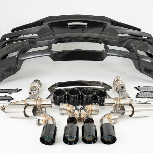 Full rear view of the SRM "Exotic" center-exit exhaust and Z06-style wide-aperture bumper on a Corvette C8