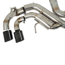 Under-car perspective showing the complete T304 stainless steel path from headers to quad tips