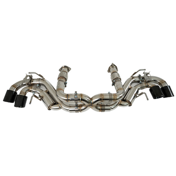 Rear-facing view of the SRM Switchblade-Series valved exhaust installed on a 2023 Corvette C8