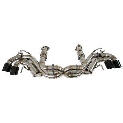 Rear-facing view of the SRM Switchblade-Series valved exhaust installed on a 2023 Corvette C8