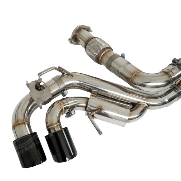 Detailed view of the compact, high-efficiency mufflers used in the Switchblade-Series "Stealth" mode