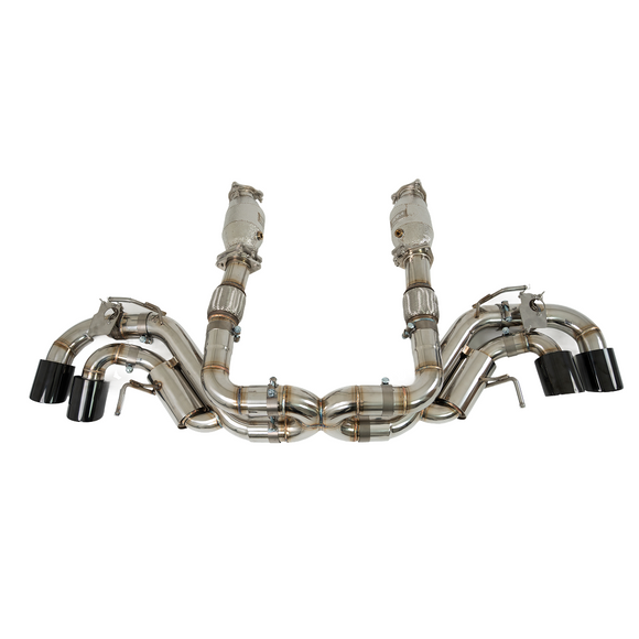 Full rear view of the SRM Switchblade catback and high-flow cats installed on a 2024 Corvette C8