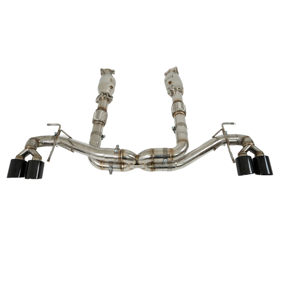 Complete view of the SRM X-Series catback system paired with SRM 300-cell high-flow catalytic converters