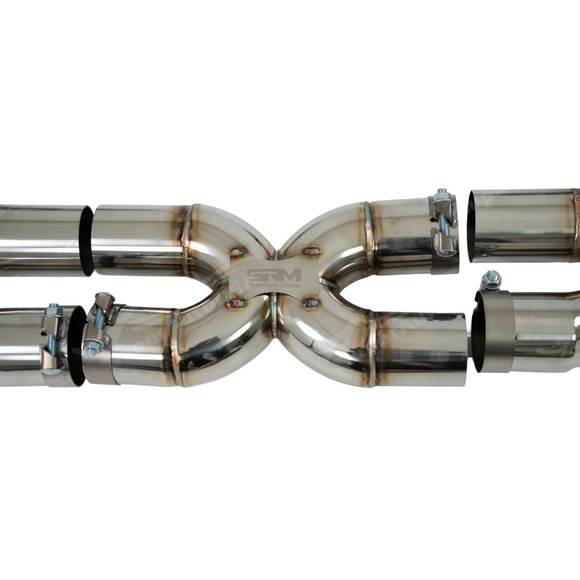 Close-up view showing the generous clearance between the 3" piping and the C8 chassis