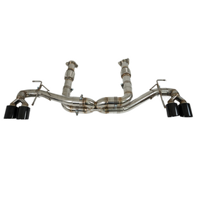 Wide rear shot of the SRM X-Series 3" muffler delete catback system on a 2024 Corvette C8