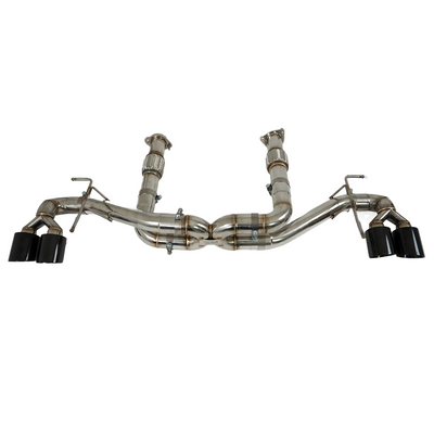 Wide rear shot of the SRM X-Series 3" muffler delete catback system on a 2024 Corvette C8