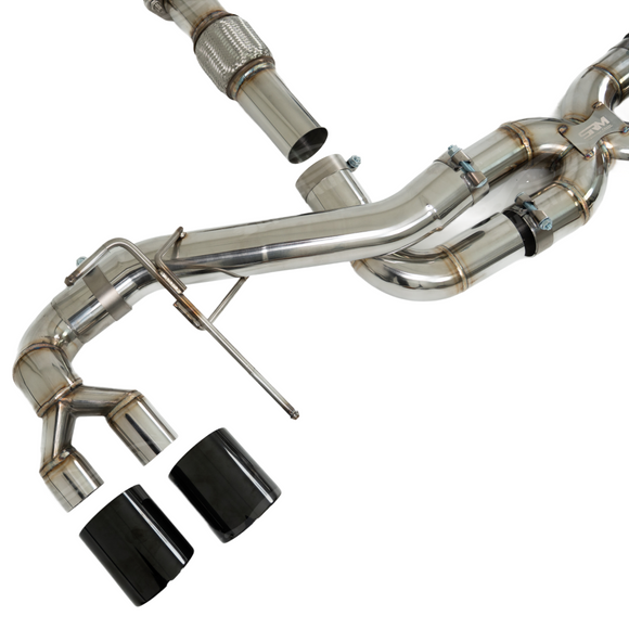 Under-car view showing the streamlined T304 stainless steel 3-inch piping of the SRM X-Series