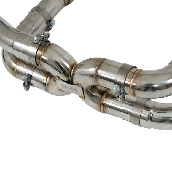 Close-up of the high-flow X-pipe merge on the SRM X-Series catback exhaust