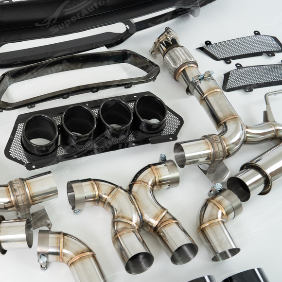 Close-up of the precision TIG welds on the high-flow SRM stainless steel exhaust system