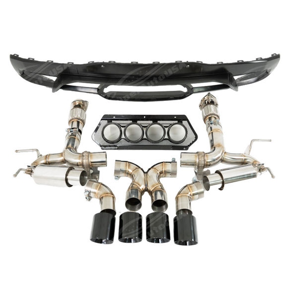 Close-up of the 4.0-inch beveled quad exhaust tips on the SRM Z06 style conversion