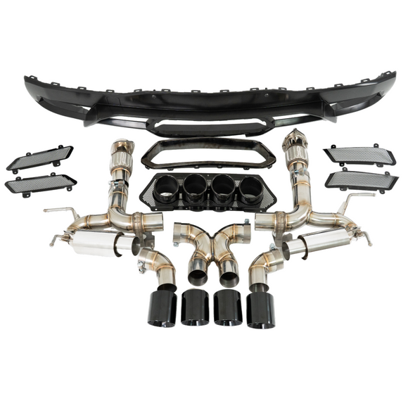 Standalone view of the complete SRM Z06 style exhaust system, including conversion brackets