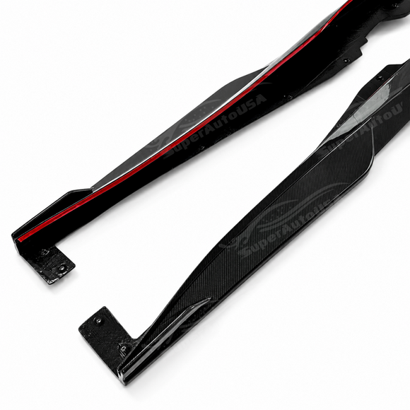 Low-angle track view showcasing the wide flare and ground-hugging stance of the C8 exotic side skirt extensions