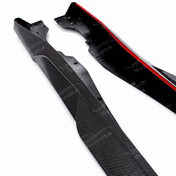 Reflective UV-protected high-gloss lacquer finish on the exotic side skirts under direct sunlight