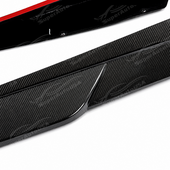 Standalone view of the uninstalled driver and passenger side exotic carbon fiber side skirt extensions