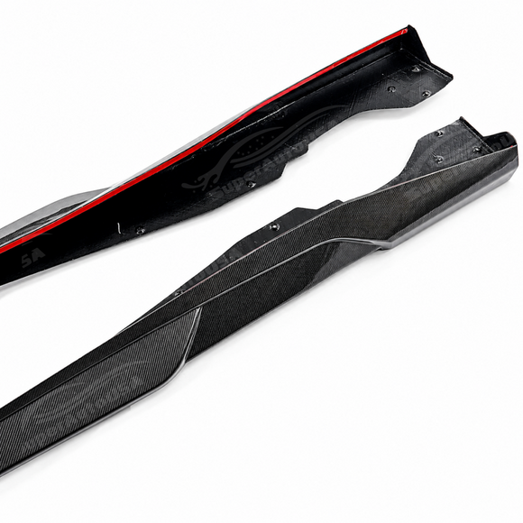Detailed close-up of the 3K 2x2 twill carbon fiber weave and mirror gloss clear coat finish