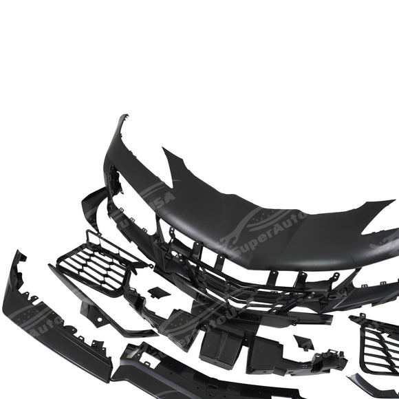 Standalone view of the uninstalled Z06 style front bumper in smooth primer finish ready for paint
