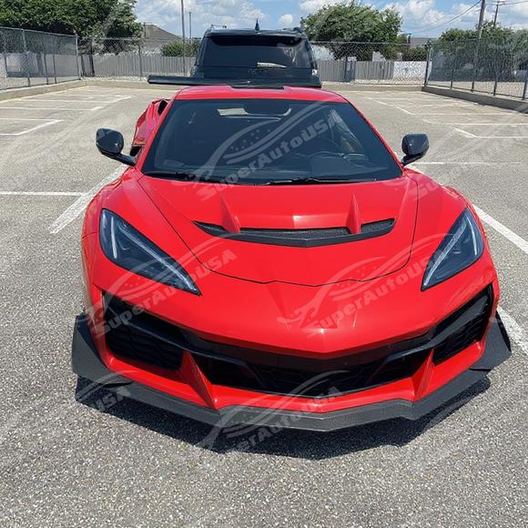 Full front view of a 2021 Chevrolet Corvette C8 with new hood overlay