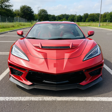 Sleek carbon fiber hood overlay installed on Chevrolet Corvette C8