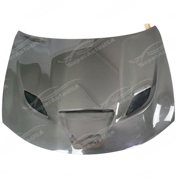 Uninstalled real carbon fiber SRT style front engine hood, top view