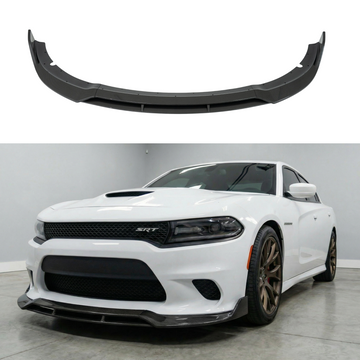 4-piece carbon fiber print front bumper lip splitter installed on a 2015 Dodge Charger SRT