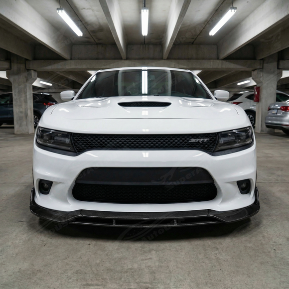 Full 3/4 view of a 2018 Dodge Charger SRT 392 with the 4-piece carbon fiber print lip kit