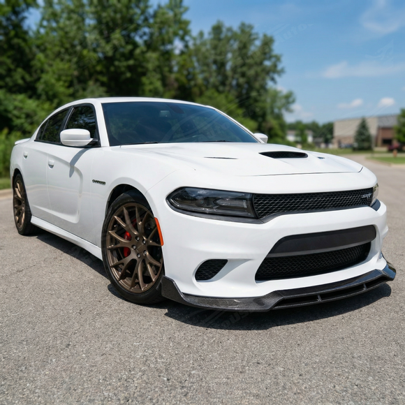 4-piece carbon fiber print front lip providing sharp contrast on a white Charger SRT