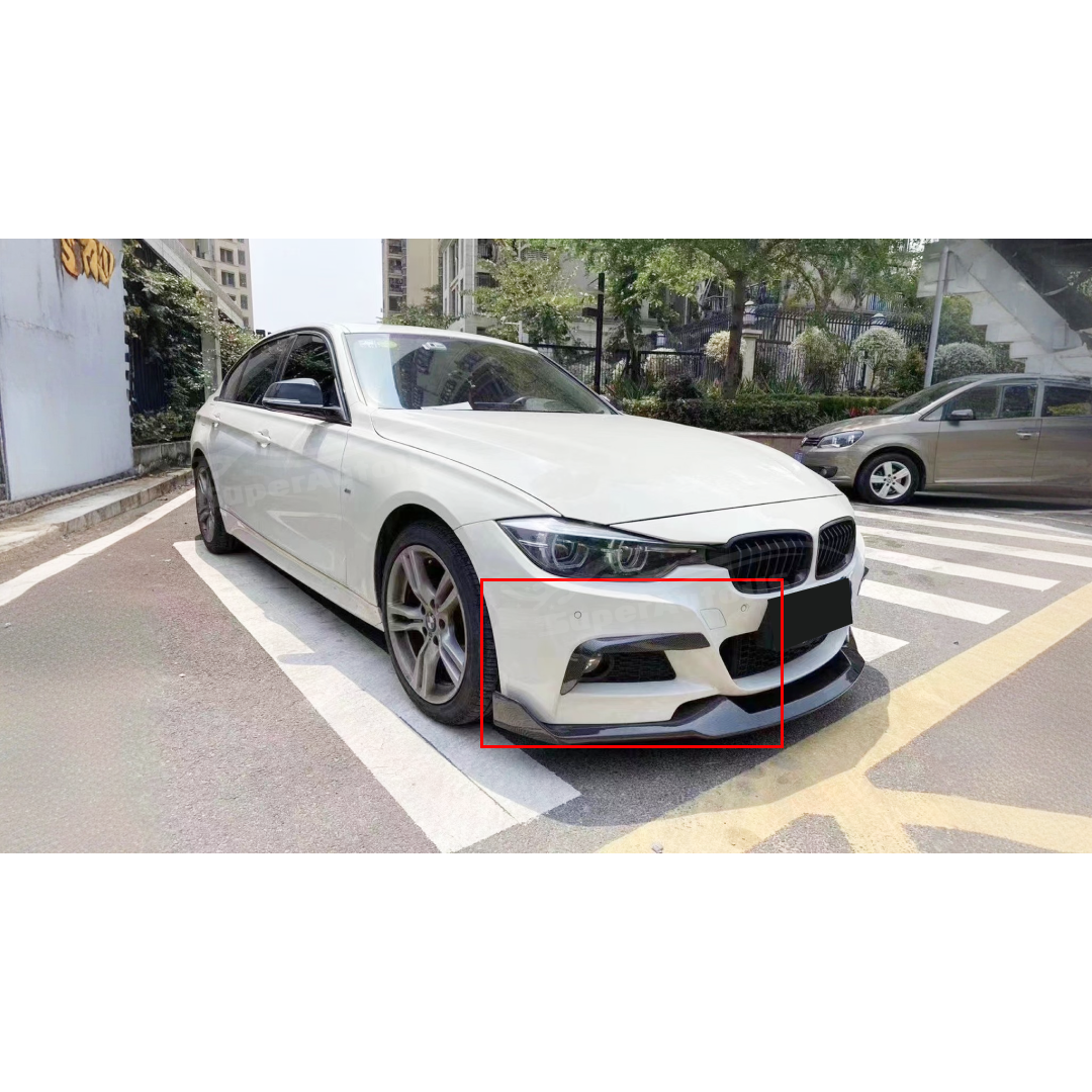 Close-up of the Fits BMW 2012-2019 3-Series F30 M Sport Gloss Black Front Fog Light Lamp Cover Trim, accentuating the car's sleek, aerodynamic front