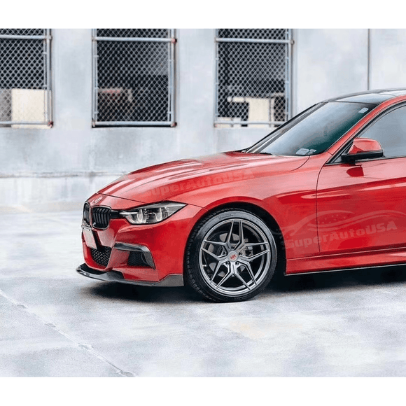 Close-up detail of the Gloss Black Front Fog Light Lamp Cover Trim on the BMW 2012-2019 3-Series F30 M Sport, showcasing the trim's precision and quality