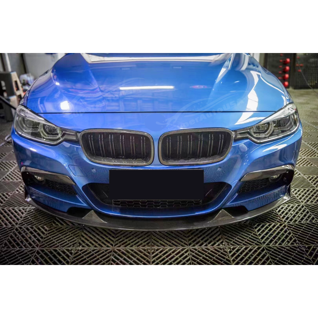 Elegant shot of the Fits BMW 2012-2019 3-Series F30 M Sport, featuring gloss black front fog light lamp cover trim that matches the front splitter spoiler lip