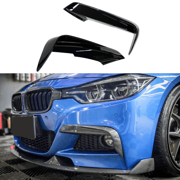 Gloss Black Front Fog Light Lamp Cover Trim on Fits BMW 2012-2019 3-Series F30 M Sport, enhancing the front spoiler lip splitter's overall design