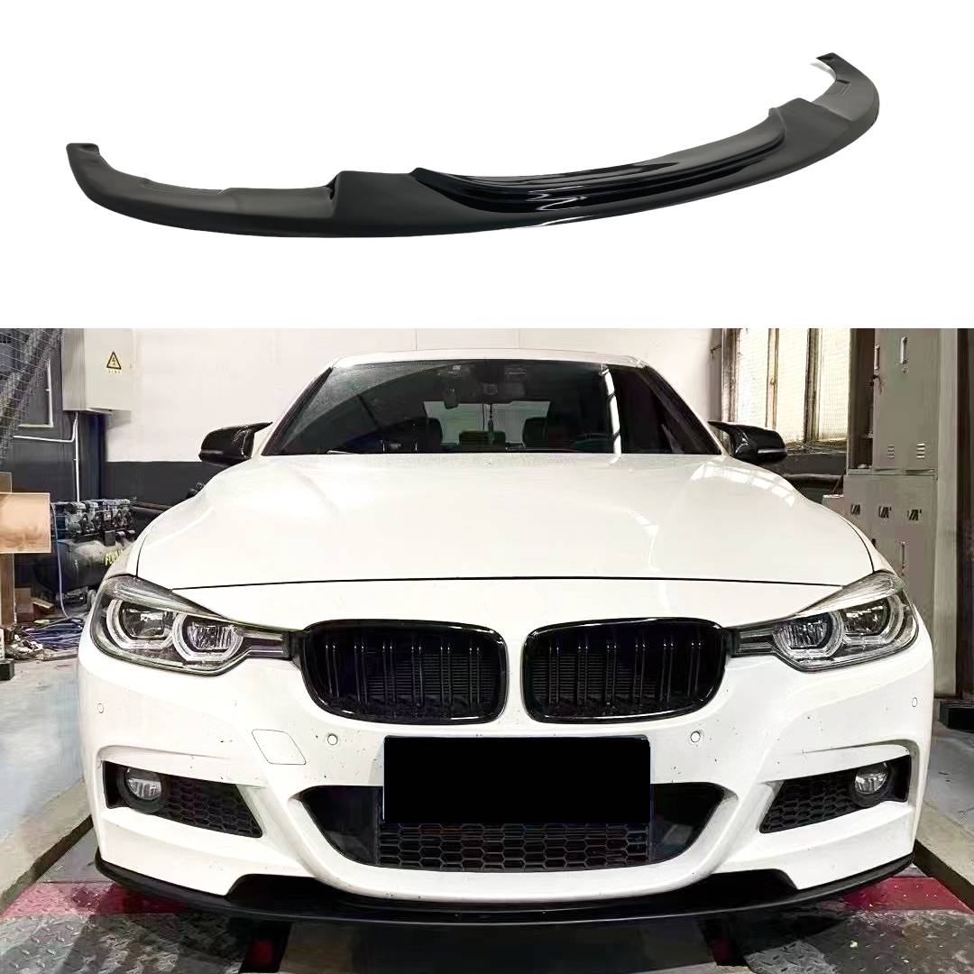 Gloss Black Front Lip Spoiler in Auto Plus Style on Fits BMW 2012-2019 3-Series F30 M Sport, featuring a front spoiler lip splitter for an enhanced sporty look