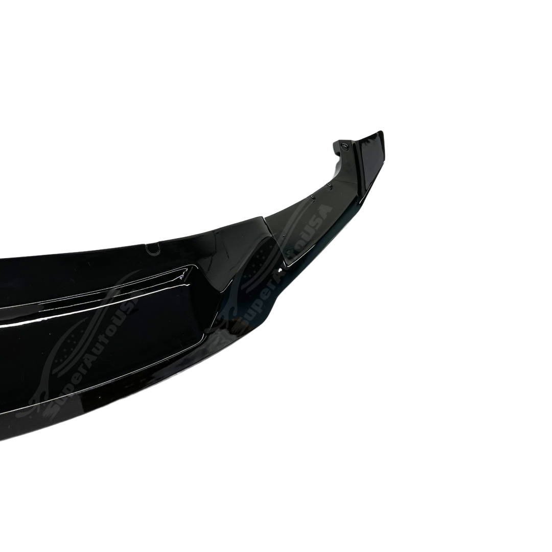 Front angle of the Fits BMW 2012-2019 3-Series F30 M Sport with its Gloss Black Front Bumper Lip Spoiler, emphasizing the front spoiler lip splitter's sleek design