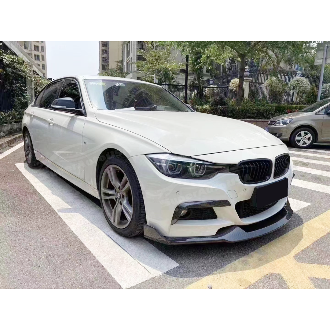 Detailed image of the Gloss Black Front Bumper Lip Spoiler on the Fits BMW 2012-2019 3-Series F30 M Sport, highlighting the precise craftsmanship and fit