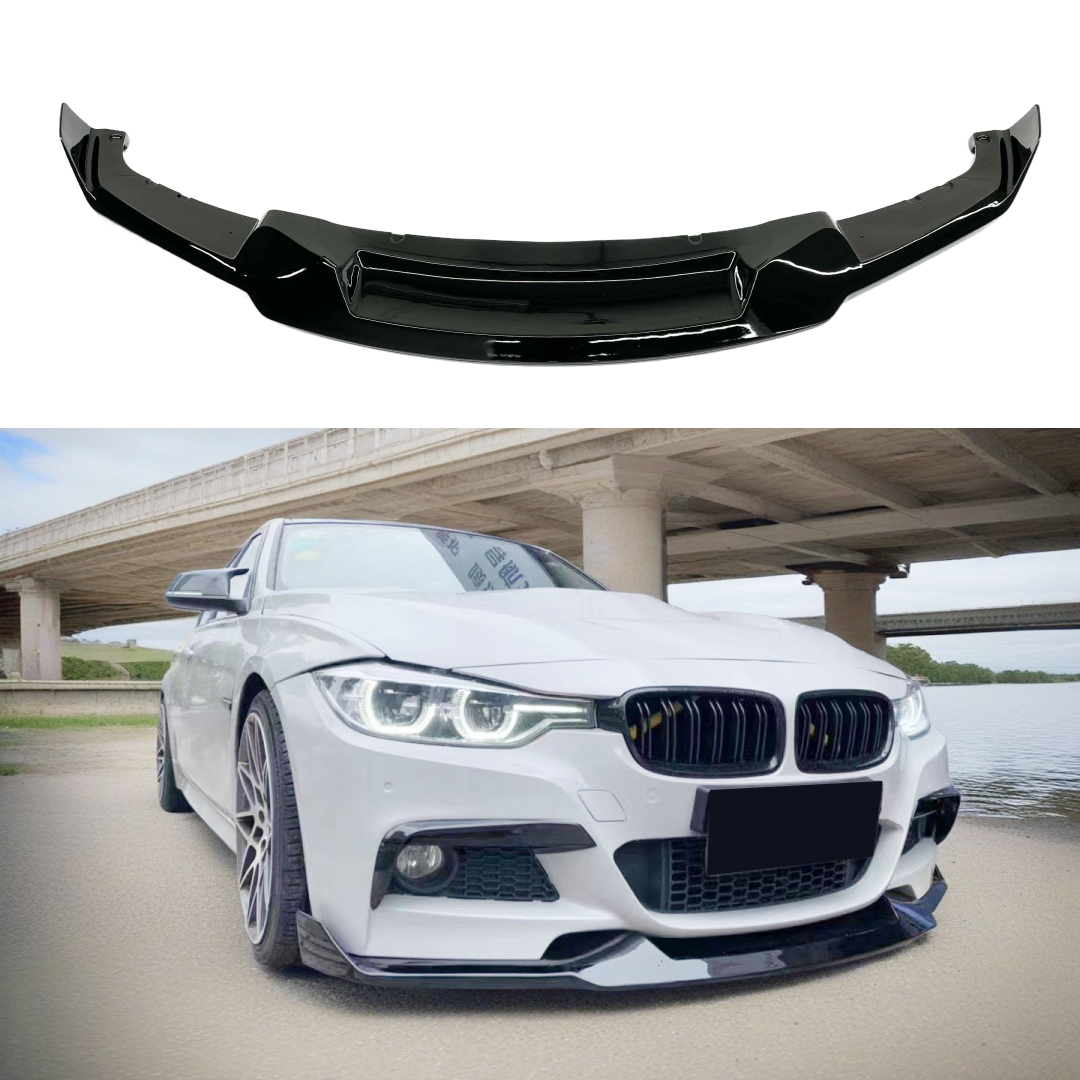 Gloss Black Front Bumper Lip Spoiler on Fits BMW 2012-2019 3-Series F30 M Sport, showcasing the front spoiler lip splitter for an upgraded, sporty appearance