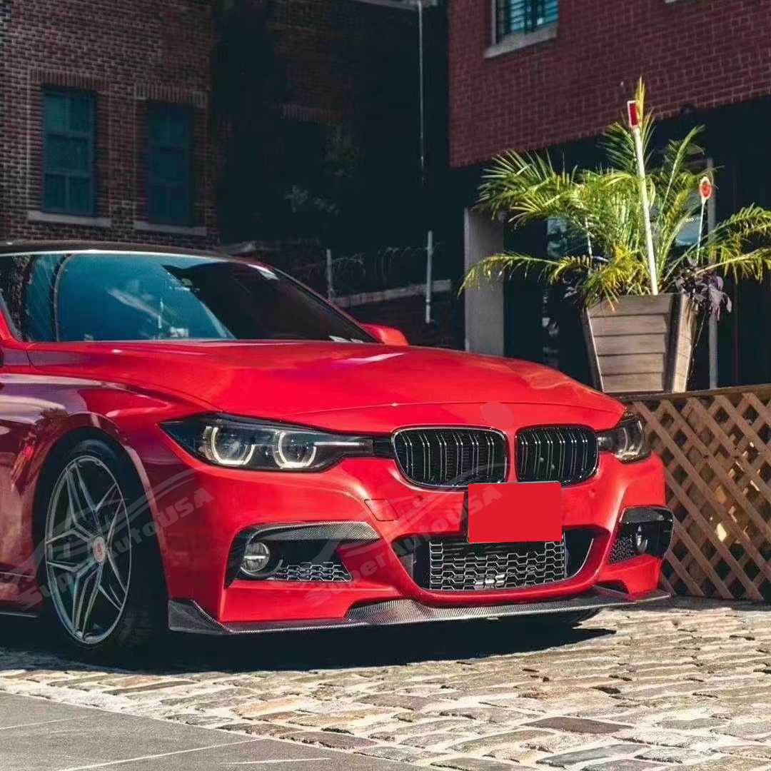 Profile shot of the Fits 2012-2019 BMW 3-Series F30 M Sport with its Gloss Black Front Bumper Lip Spoiler, emphasizing the front spoiler lip splitter's impact on aesthetics