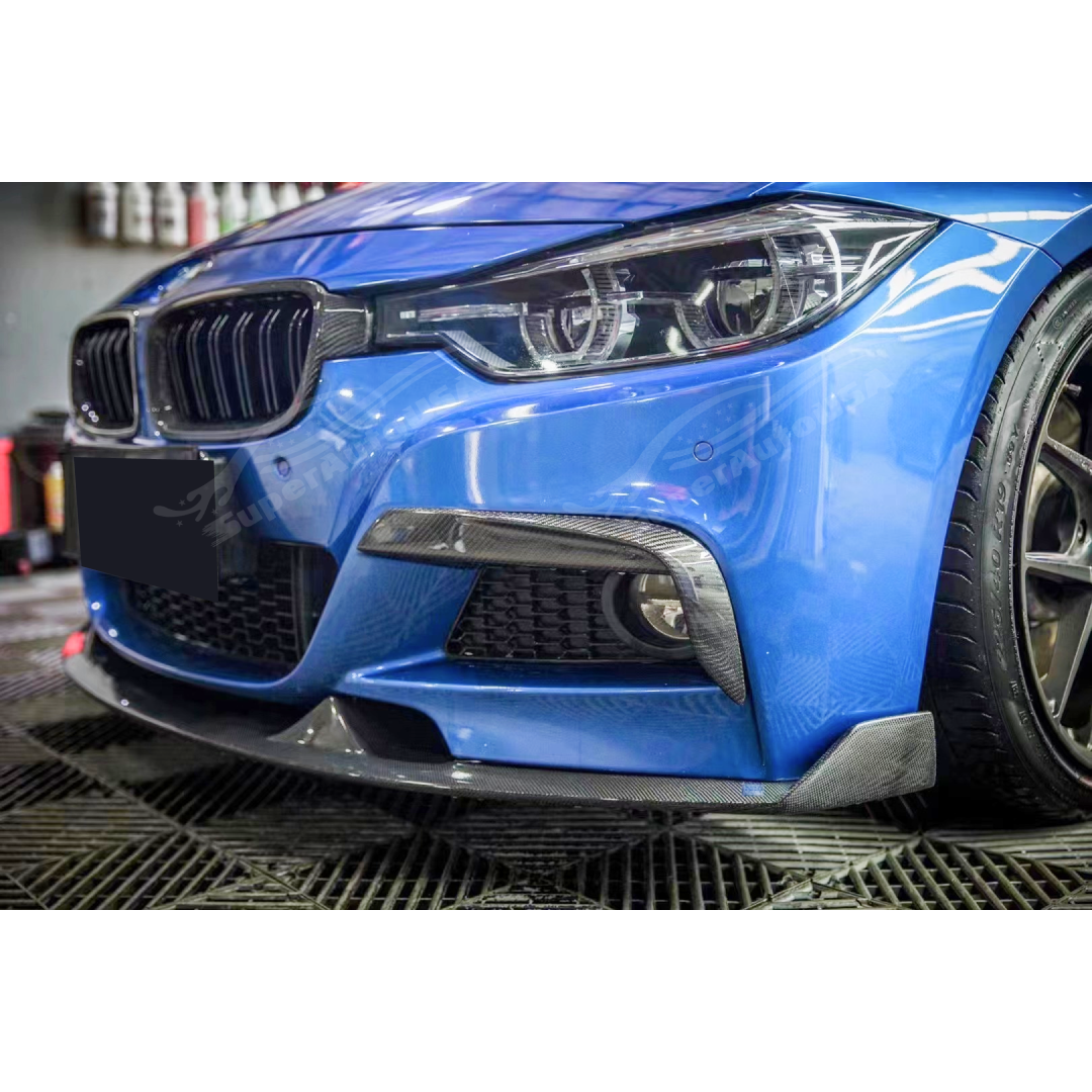 Close view highlighting the precision and fit of the Gloss Black Front Bumper Lip Spoiler on the Fits 2012-2019 BMW 3-Series F30 M Sport, showcasing design and functionality