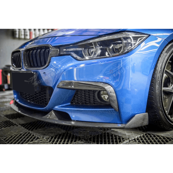 Close view highlighting the precision and fit of the Gloss Black Front Bumper Lip Spoiler on the Fits 2012-2019 BMW 3-Series F30 M Sport, showcasing design and functionality