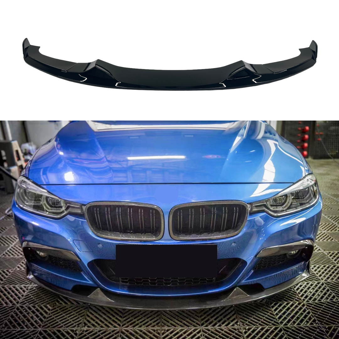 Gloss Black Front Bumper Lip Spoiler on Fits 2012-2019 BMW 3-Series F30 M Sport, featuring a front spoiler lip splitter for a sleek, aggressive upgrade