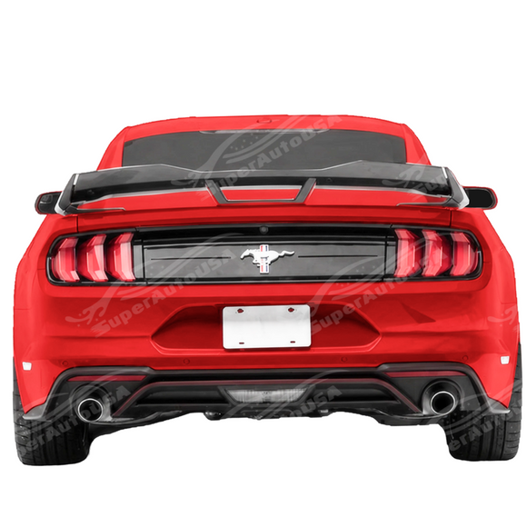 Stealth look of the Dark Horse style rear wing accenting a Shadow Black Mustang S550 fastback