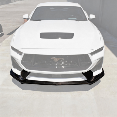 Real carbon fiber front bumper lip spoiler by SuperAutoUSA installed on a 2024 Ford Mustang GT S650