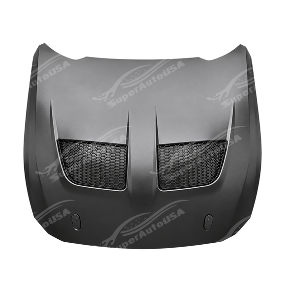 Direct front perspective highlighting the aggressive multi-tier aerodynamic louvers on a Mustang GT
