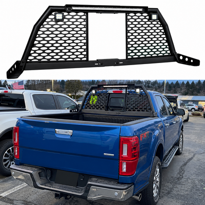 Heavy-duty adjustable reinforced steel roll bar headache rack installed on a Ford F-150 SuperCrew bed
