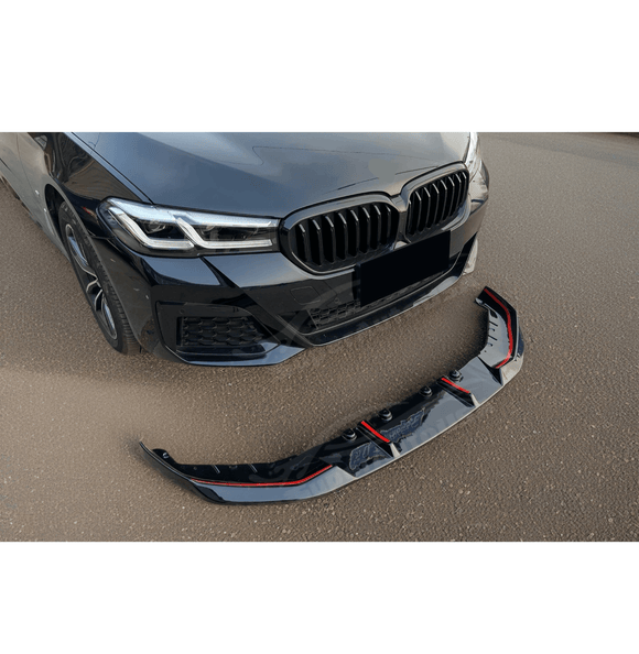 Front-end display of the Fit 2021-2024 BMW 5 Series G30 with the Gloss Black Front Bumper Lip Spoiler, highlighting the vehicle's enhanced profile.