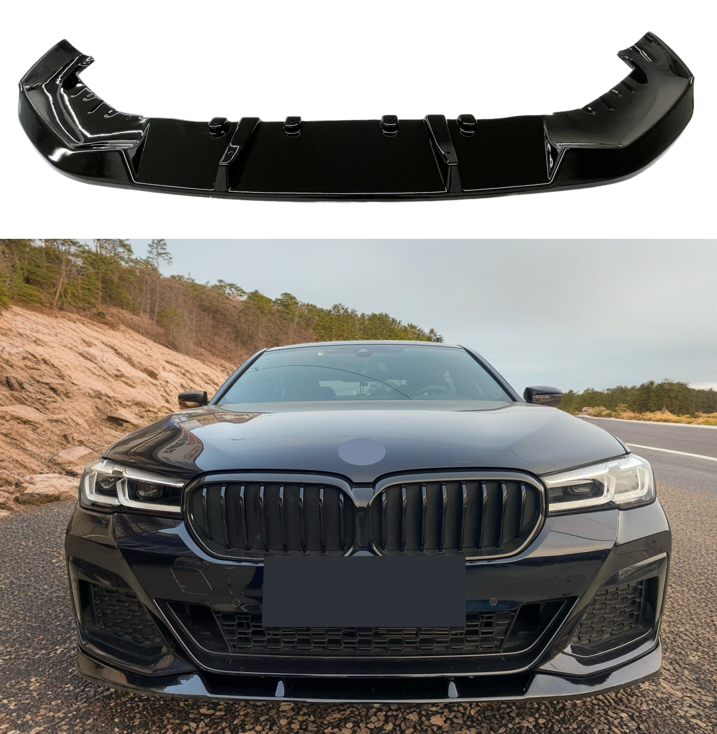 Gloss Black Front Bumper Lip Spoiler on Fit 2021-2024 BMW 5 Series G30, showcasing the front spoiler lip splitter for a refined look