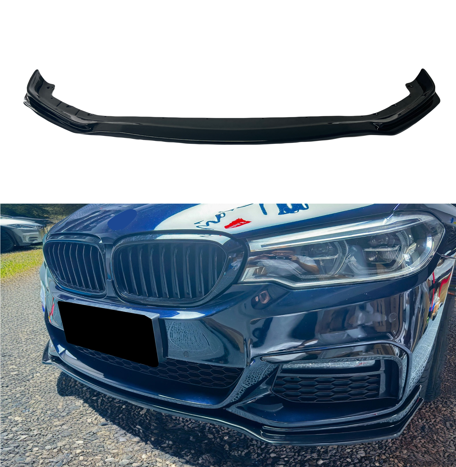 Gloss Black Front Bumper Lip Spoiler on Fit 2017-2020 BMW 5 Series G30 LCI M Sport, showcasing the front spoiler lip splitter for a refined, sporty look.
