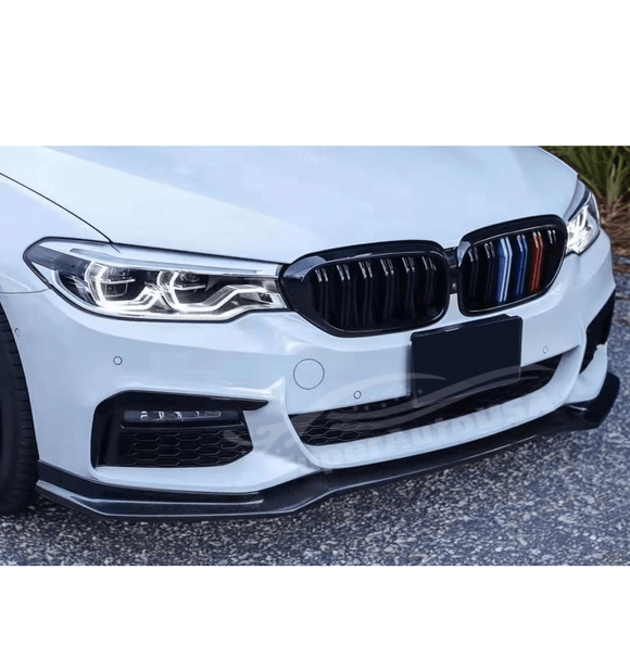 Close-up of the Fit 2017-2020 BMW 5 Series G30 LCI M Sport Gloss Black Front Bumper Lip Spoiler, highlighting the front spoiler lip splitter's elegant contours.