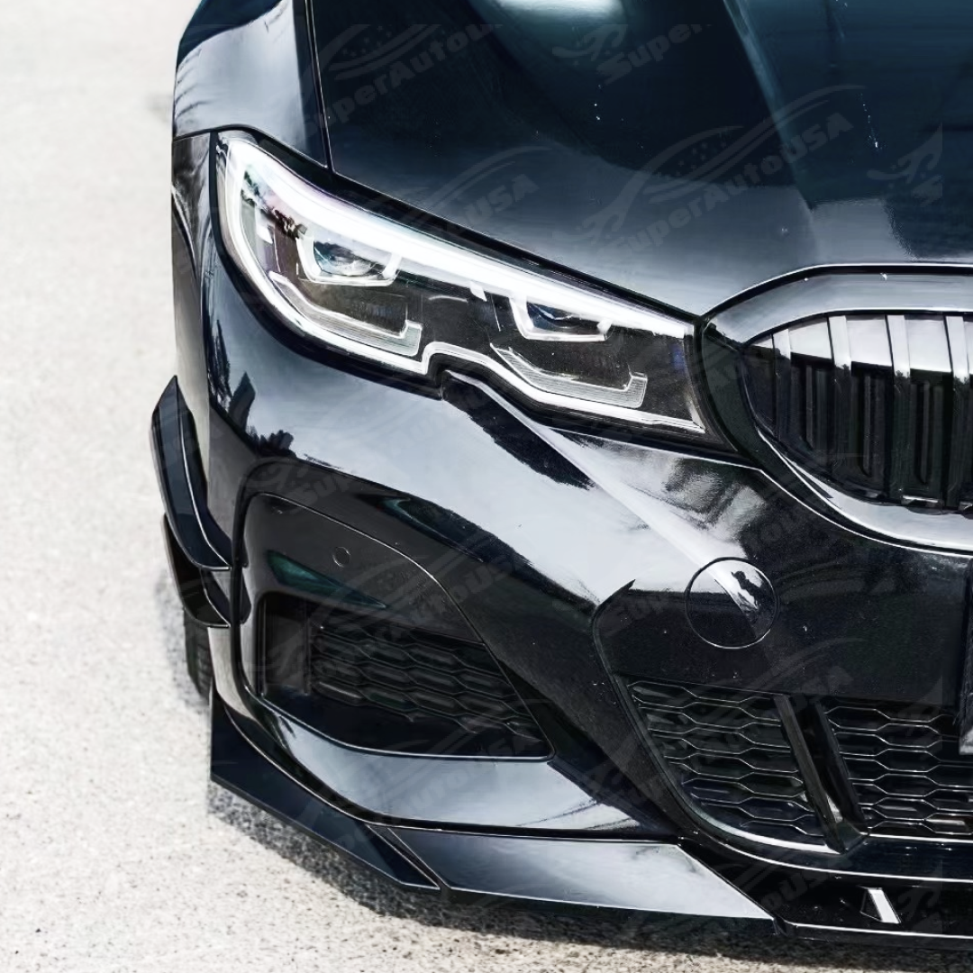 Front angle view of the 2019-2022 BMW 3 Series G20 equipped with Gloss Black Front Side Splitter Canard Fins, showing the bold and refined design