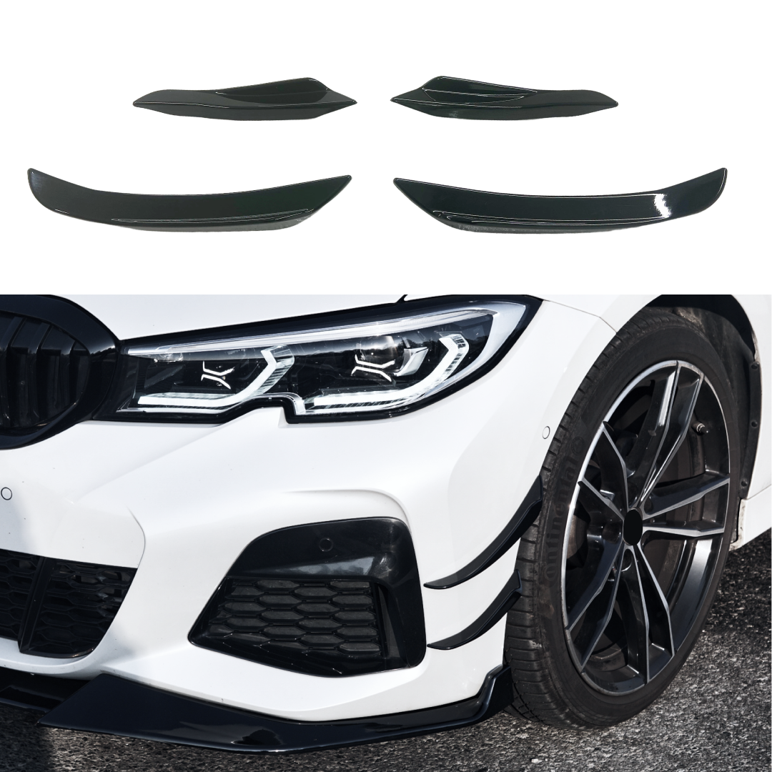 Gloss Black Front Side Splitter Canard Fins Set on 2019-2022 BMW 3 Series G20, designed to enhance aerodynamics and add a sporty edge